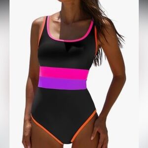Popvil Tummy Control - Black Bathing Suit Modest Neon Sexy Sliming Swimsuit